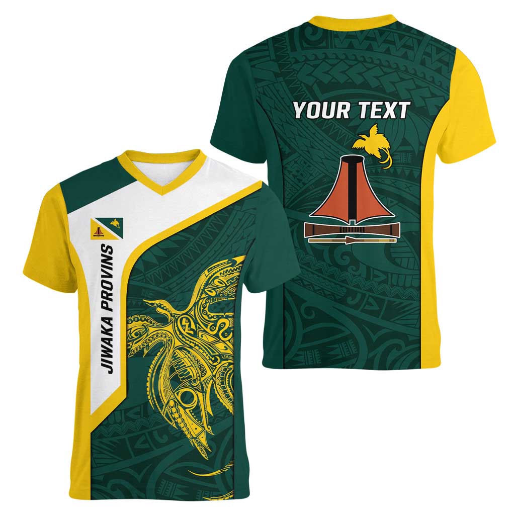 Personalised PNG Jiwaka Province Women V-Neck T-Shirt Bird of Paradise Tattoo Flag Motif LT9 - Polynesian Pride