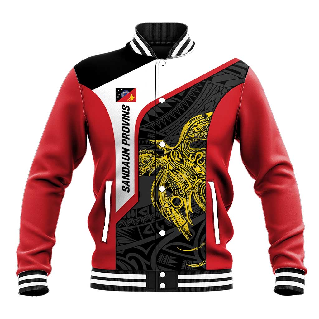 Personalised PNG Sandaun Province Baseball Jacket Bird of Paradise Tattoo Flag Motif - Polynesian Pride