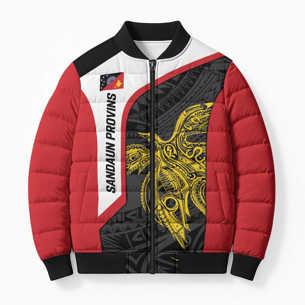 Personalised PNG Sandaun Province Bomber Puffer Jacket Bird of Paradise Tattoo Flag Motif LT9 Unisex Red - Polynesian Pride