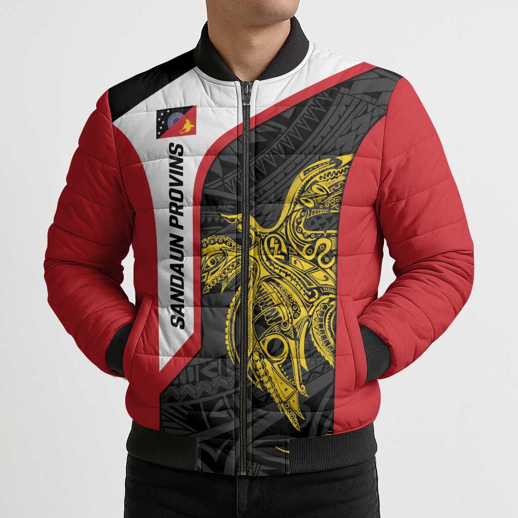 Personalised PNG Sandaun Province Bomber Puffer Jacket Bird of Paradise Tattoo Flag Motif LT9 - Polynesian Pride