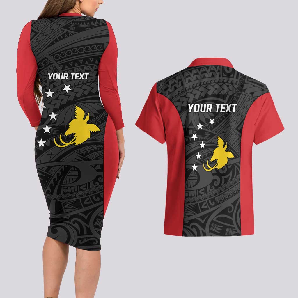 Personalised PNG Sandaun Province Couples Matching Long Sleeve Bodycon Dress and Hawaiian Shirt Bird of Paradise Tattoo Flag Motif LT9 - Polynesian Pride