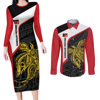 Personalised PNG Sandaun Province Couples Matching Long Sleeve Bodycon Dress and Long Sleeve Button Shirt Bird of Paradise Tattoo Flag Motif LT9 Red - Polynesian Pride
