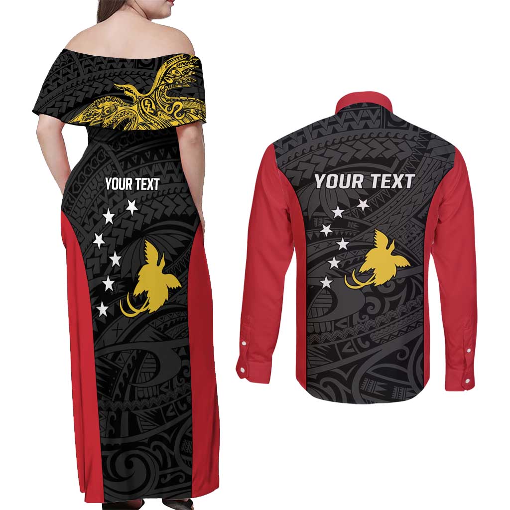Personalised PNG Sandaun Province Couples Matching Off Shoulder Maxi Dress and Long Sleeve Button Shirt Bird of Paradise Tattoo Flag Motif LT9 - Polynesian Pride