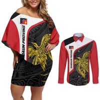 Personalised PNG Sandaun Province Couples Matching Off Shoulder Short Dress and Long Sleeve Button Shirt Bird of Paradise Tattoo Flag Motif LT9 Red - Polynesian Pride