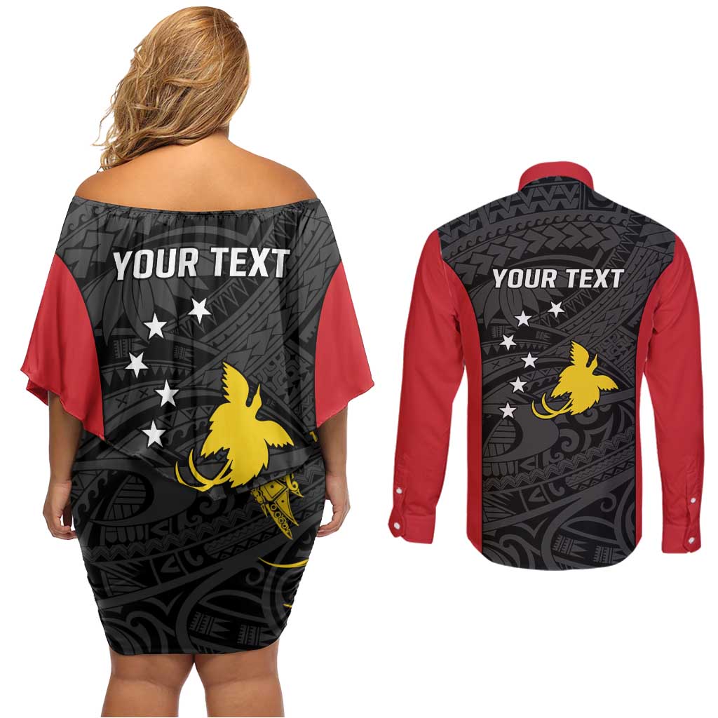 Personalised PNG Sandaun Province Couples Matching Off Shoulder Short Dress and Long Sleeve Button Shirt Bird of Paradise Tattoo Flag Motif LT9 - Polynesian Pride