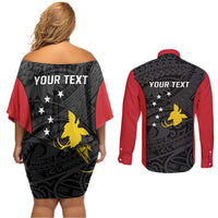 Personalised PNG Sandaun Province Couples Matching Off Shoulder Short Dress and Long Sleeve Button Shirt Bird of Paradise Tattoo Flag Motif LT9 - Polynesian Pride