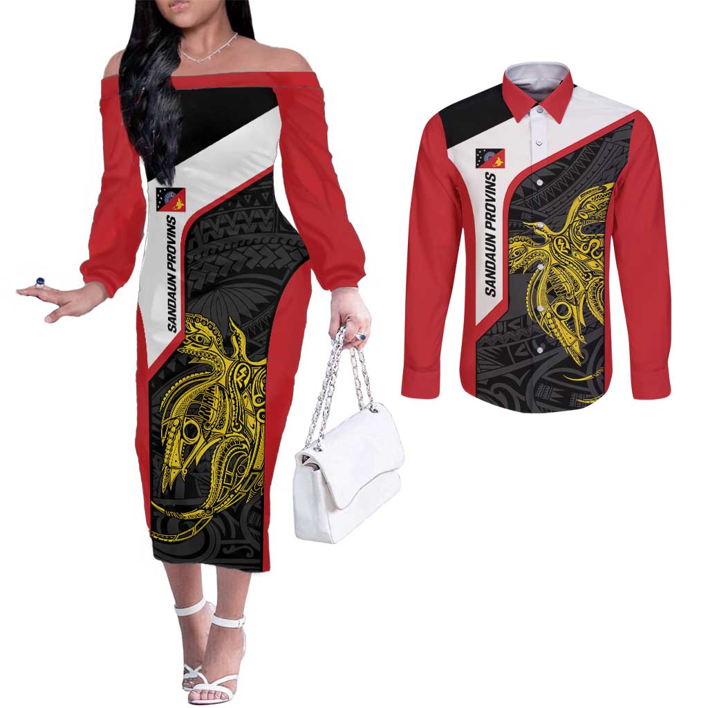 Personalised PNG Sandaun Province Couples Matching Off The Shoulder Long Sleeve Dress and Long Sleeve Button Shirt Bird of Paradise Tattoo Flag Motif LT9 Red - Polynesian Pride