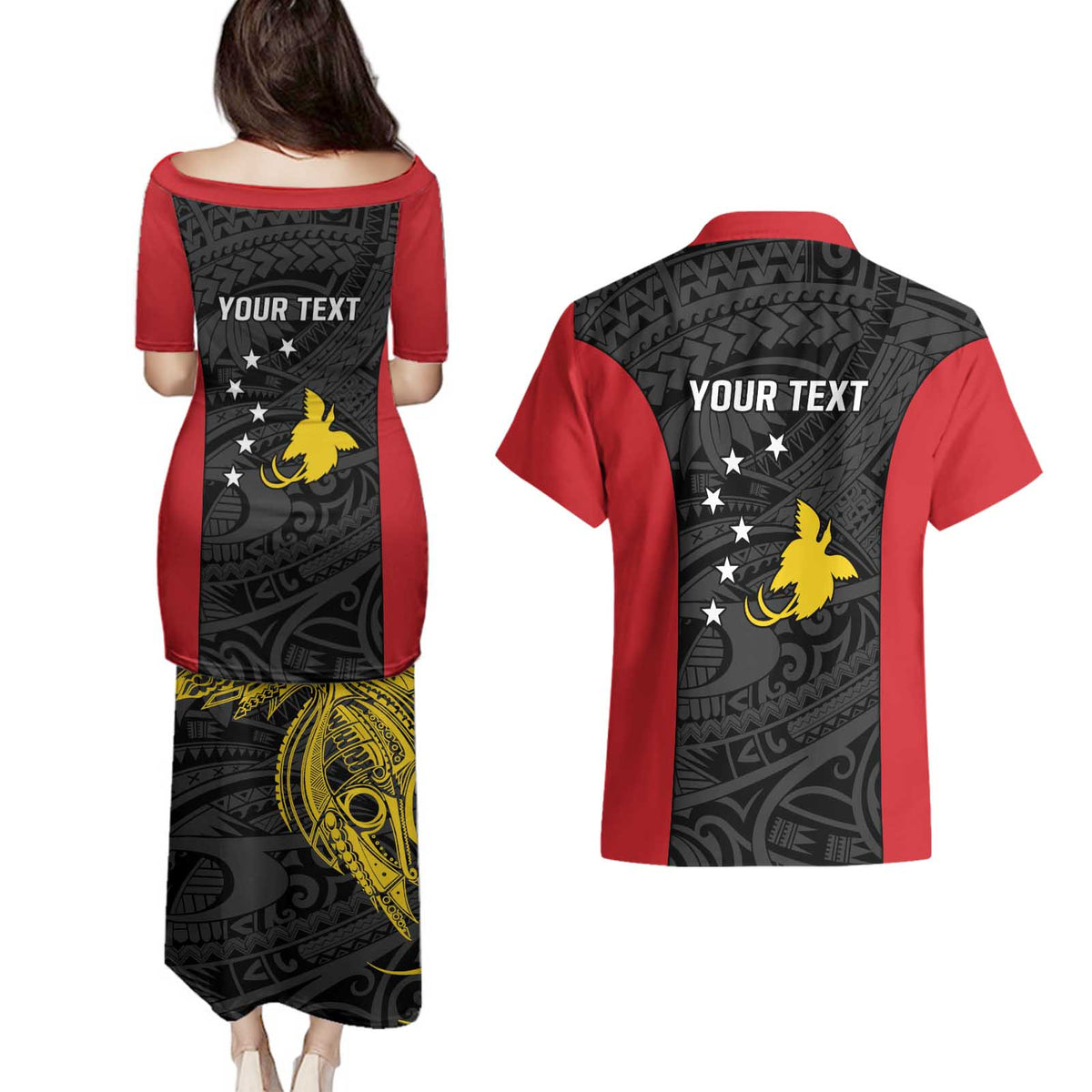 Personalised PNG Sandaun Province Couples Matching Puletasi and Hawaiian Shirt Bird of Paradise Tattoo Flag Motif LT9 - Polynesian Pride