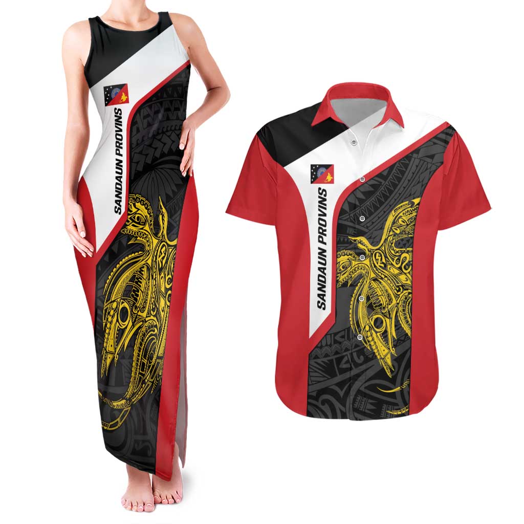 Personalised PNG Sandaun Province Couples Matching Tank Maxi Dress and Hawaiian Shirt Bird of Paradise Tattoo Flag Motif - Polynesian Pride