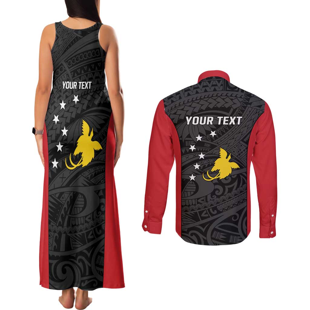 Personalised PNG Sandaun Province Couples Matching Tank Maxi Dress and Long Sleeve Button Shirt Bird of Paradise Tattoo Flag Motif LT9 - Polynesian Pride