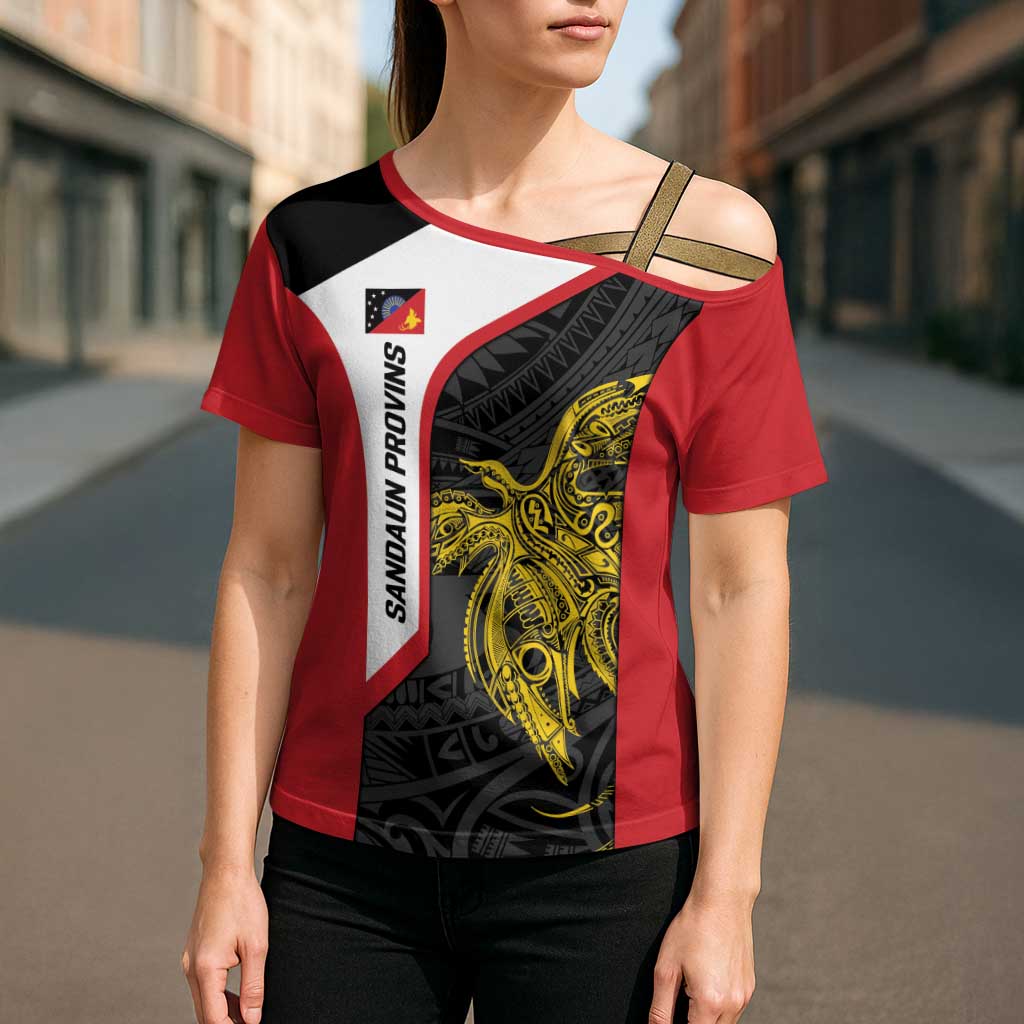 Personalised PNG Sandaun Province Cross Shoulder Shirt Bird of Paradise Tattoo Flag Motif LT9 - Polynesian Pride