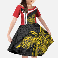 Personalised PNG Sandaun Province Family Matching Long Sleeve Bodycon Dress and Hawaiian Shirt Bird of Paradise Tattoo Flag Motif LT9 Daughter's Dress Red - Polynesian Pride