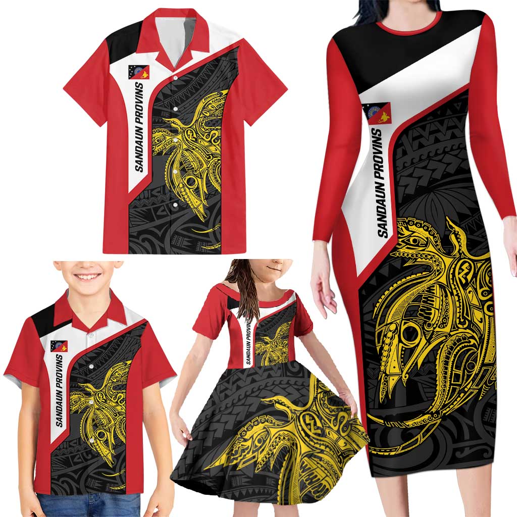 Personalised PNG Sandaun Province Family Matching Long Sleeve Bodycon Dress and Hawaiian Shirt Bird of Paradise Tattoo Flag Motif LT9 - Polynesian Pride
