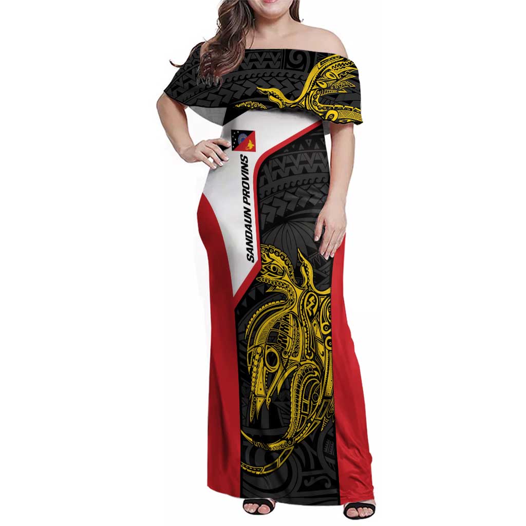 Personalised PNG Sandaun Province Family Matching Off Shoulder Maxi Dress and Hawaiian Shirt Bird of Paradise Tattoo Flag Motif LT9 Mom's Dress Red - Polynesian Pride