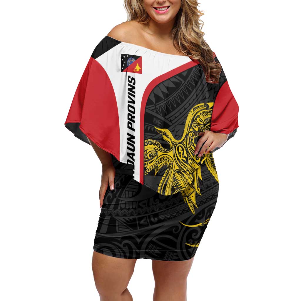 Personalised PNG Sandaun Province Family Matching Off Shoulder Short Dress and Hawaiian Shirt Bird of Paradise Tattoo Flag Motif LT9 Mom's Dress Red - Polynesian Pride