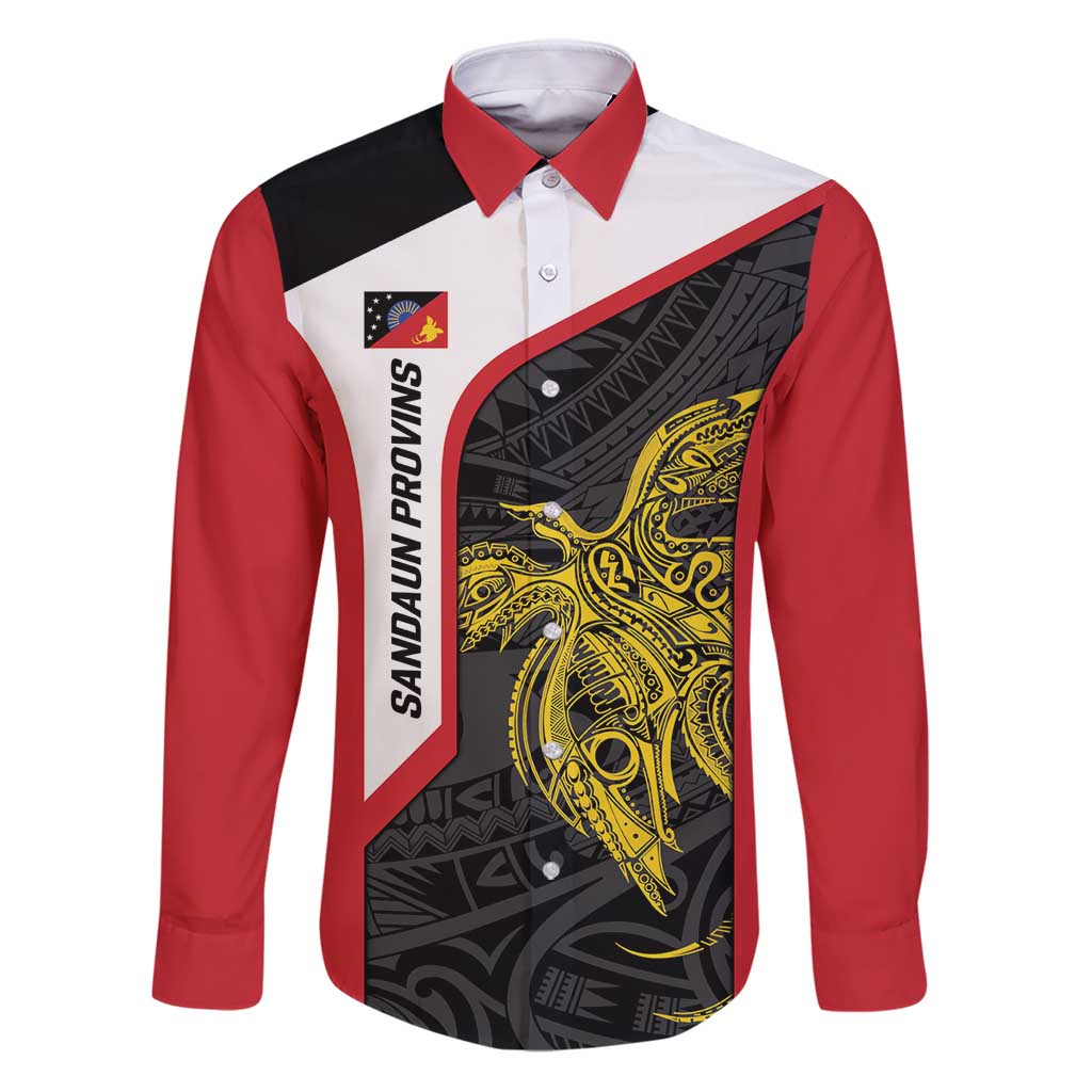 Personalised PNG Sandaun Province Family Matching Puletasi and Hawaiian Shirt Bird of Paradise Tattoo Flag Motif LT9 Dad's Shirt - Long Sleeve Red - Polynesian Pride