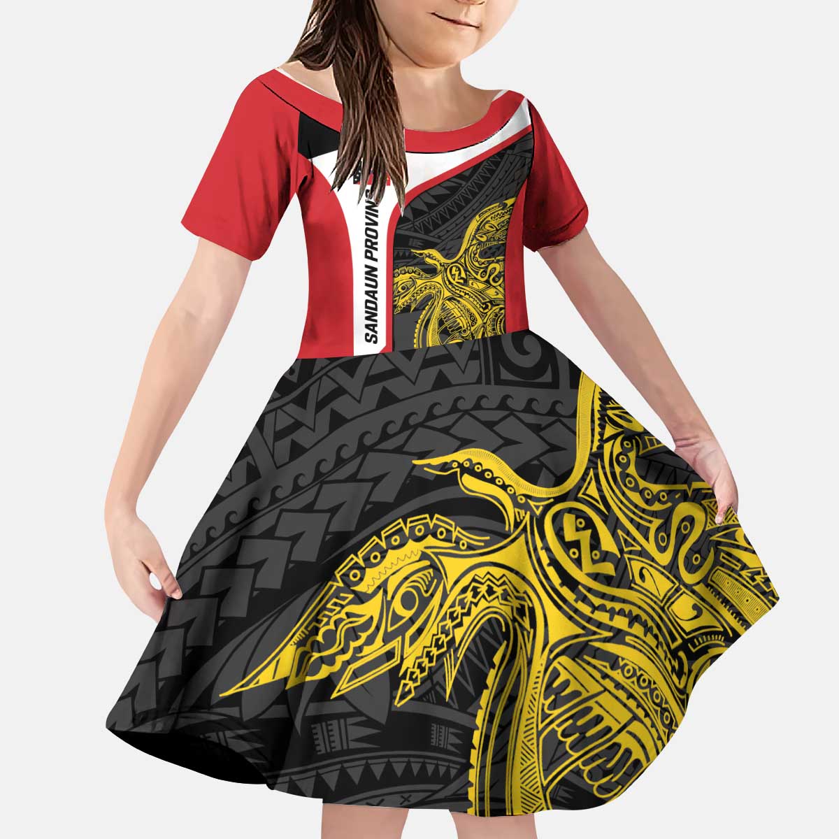 Personalised PNG Sandaun Province Kid Short Sleeve Dress Bird of Paradise Tattoo Flag Motif LT9 KID Red - Polynesian Pride