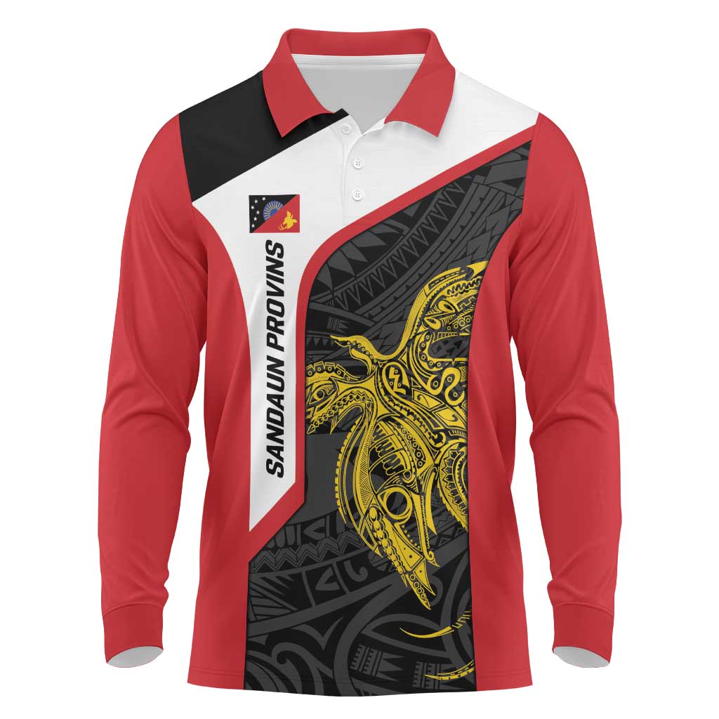 Personalised PNG Sandaun Province Long Sleeve Polo Shirt Bird of Paradise Tattoo Flag Motif LT9 Red - Polynesian Pride
