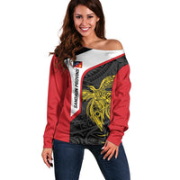 Personalised PNG Sandaun Province Off Shoulder Sweater Bird of Paradise Tattoo Flag Motif LT9 Women Red - Polynesian Pride