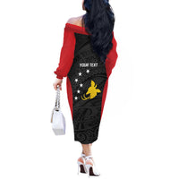 Personalised PNG Sandaun Province Off The Shoulder Long Sleeve Dress Bird of Paradise Tattoo Flag Motif LT9 - Polynesian Pride