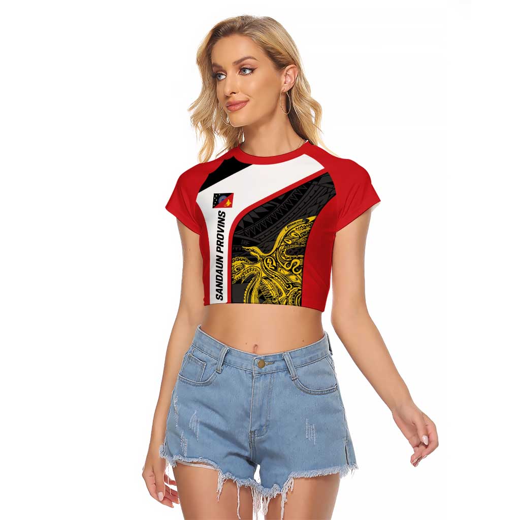 Personalised PNG Sandaun Province Raglan Cropped T Shirt Bird of Paradise Tattoo Flag Motif LT9 Female Red - Polynesian Pride