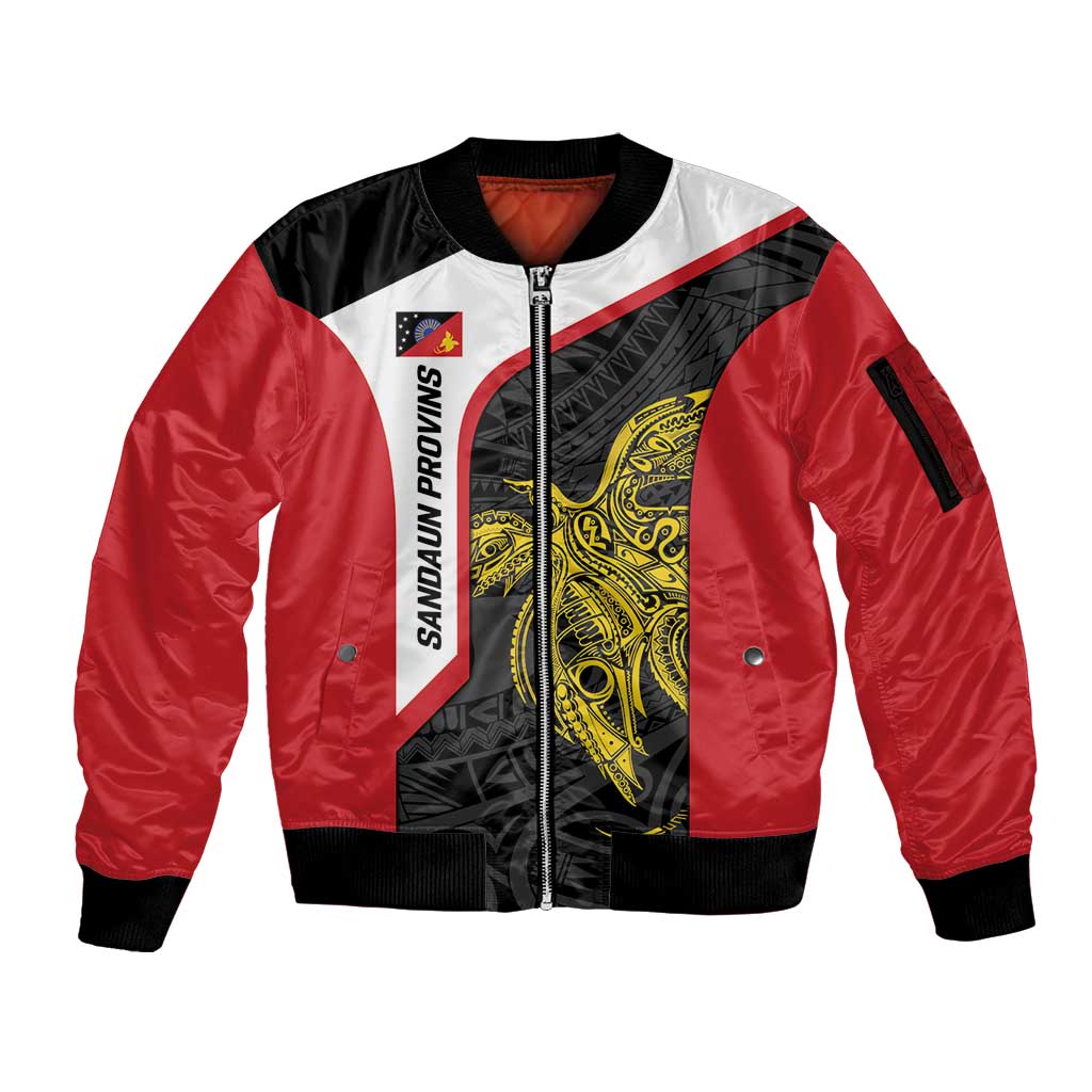 Personalised PNG Sandaun Province Sleeve Zip Bomber Jacket Bird of Paradise Tattoo Flag Motif LT9 Unisex Red - Polynesian Pride