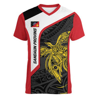 Personalised PNG Sandaun Province Women V-Neck T-Shirt Bird of Paradise Tattoo Flag Motif LT9 Female Red - Polynesian Pride