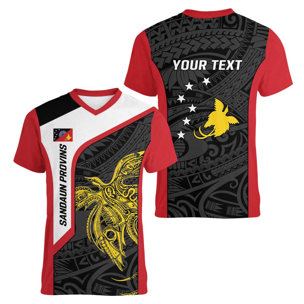 Personalised PNG Sandaun Province Women V-Neck T-Shirt Bird of Paradise Tattoo Flag Motif LT9 - Polynesian Pride