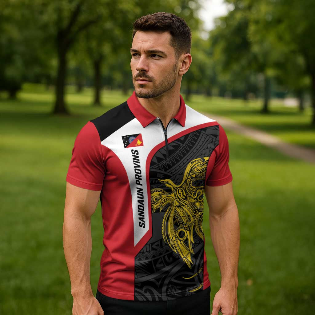 Personalised PNG Sandaun Province Zipper Polo Shirt Bird of Paradise Tattoo Flag Motif LT9 - Polynesian Pride