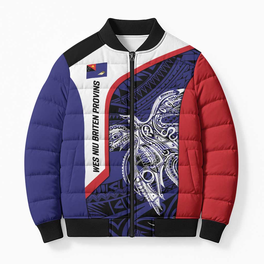 Personalised PNG West New Britain Province Bomber Puffer Jacket Bird of Paradise Tattoo Flag Motif LT9 Unisex Blue - Polynesian Pride