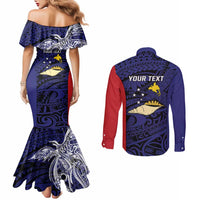 Personalised PNG West New Britain Province Couples Matching Mermaid Dress and Long Sleeve Button Shirt Bird of Paradise Tattoo Flag Motif LT9 - Polynesian Pride