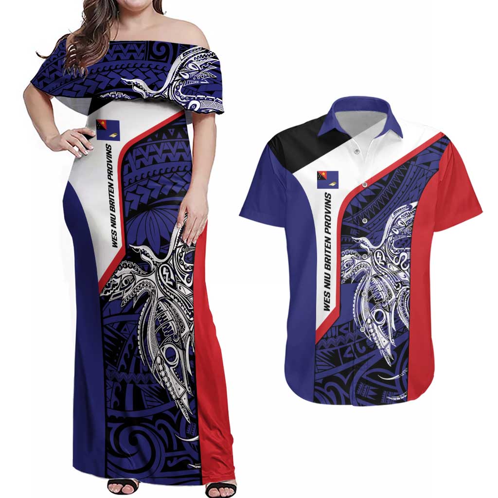 Personalised PNG West New Britain Province Couples Matching Off Shoulder Maxi Dress and Hawaiian Shirt Bird of Paradise Tattoo Flag Motif - Polynesian Pride