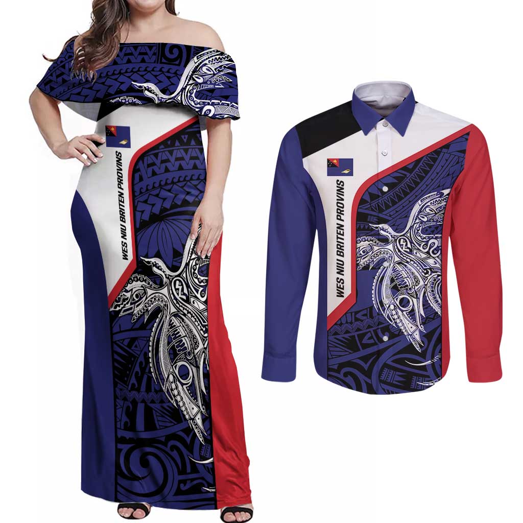 Personalised PNG West New Britain Province Couples Matching Off Shoulder Maxi Dress and Long Sleeve Button Shirt Bird of Paradise Tattoo Flag Motif LT9 Blue - Polynesian Pride