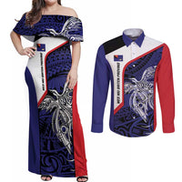 Personalised PNG West New Britain Province Couples Matching Off Shoulder Maxi Dress and Long Sleeve Button Shirt Bird of Paradise Tattoo Flag Motif LT9 Blue - Polynesian Pride