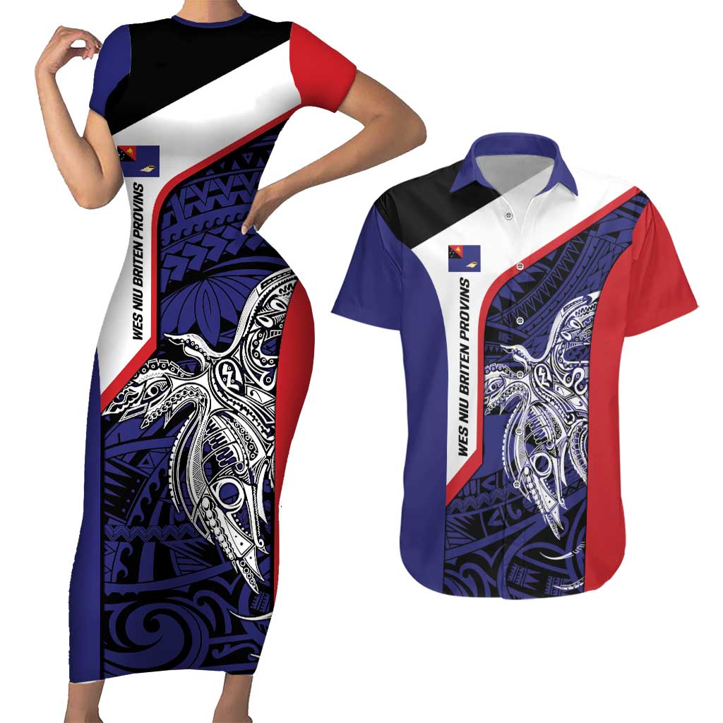 Personalised PNG West New Britain Province Couples Matching Short Sleeve Bodycon Dress and Hawaiian Shirt Bird of Paradise Tattoo Flag Motif - Polynesian Pride