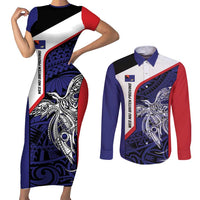 Personalised PNG West New Britain Province Couples Matching Short Sleeve Bodycon Dress and Long Sleeve Button Shirt Bird of Paradise Tattoo Flag Motif LT9 Blue - Polynesian Pride