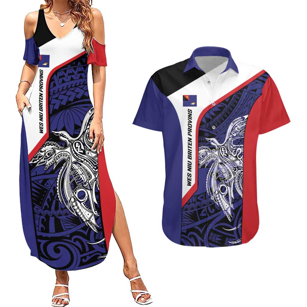 Personalised PNG West New Britain Province Couples Matching Summer Maxi Dress and Hawaiian Shirt Bird of Paradise Tattoo Flag Motif LT9 Blue - Polynesian Pride