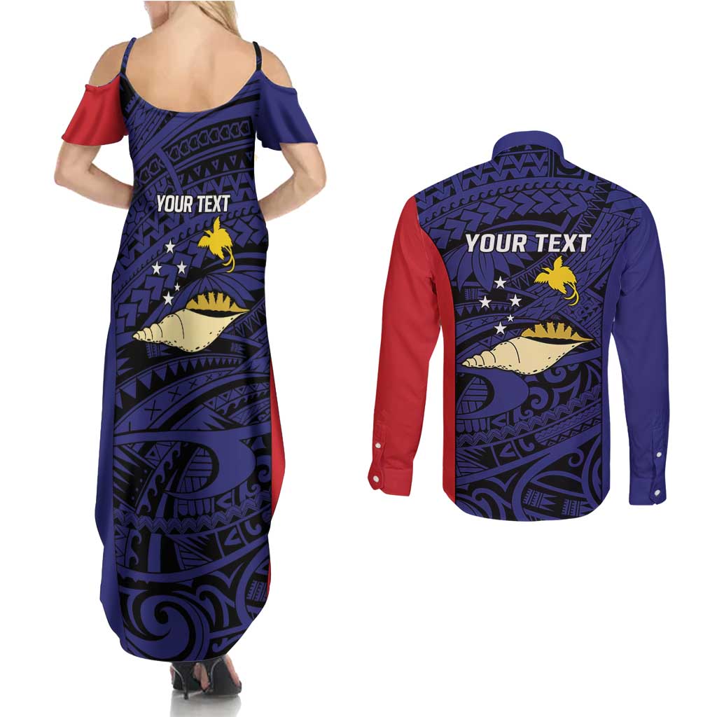 Personalised PNG West New Britain Province Couples Matching Summer Maxi Dress and Long Sleeve Button Shirt Bird of Paradise Tattoo Flag Motif LT9 - Polynesian Pride