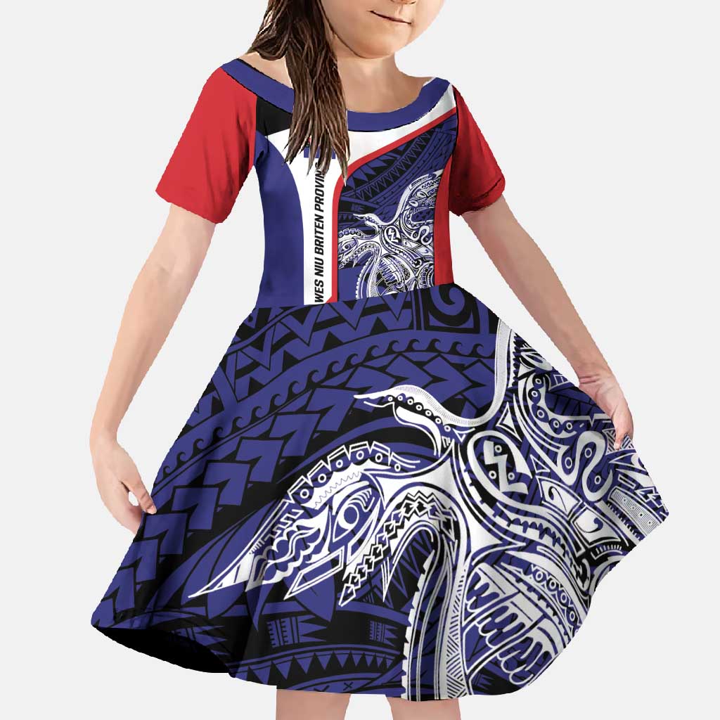 Personalised PNG West New Britain Province Family Matching Off Shoulder Maxi Dress and Hawaiian Shirt Bird of Paradise Tattoo Flag Motif LT9 Daughter's Dress Blue - Polynesian Pride