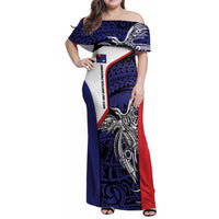 Personalised PNG West New Britain Province Family Matching Off Shoulder Maxi Dress and Hawaiian Shirt Bird of Paradise Tattoo Flag Motif LT9 Mom's Dress Blue - Polynesian Pride