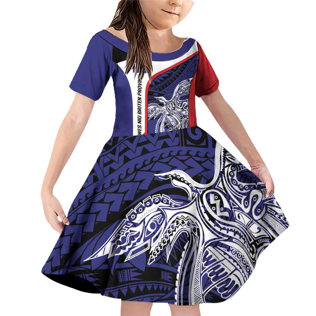 Personalised PNG West New Britain Province Family Matching Off Shoulder Short Dress and Hawaiian Shirt Bird of Paradise Tattoo Flag Motif LT9 Daughter's Dress Blue - Polynesian Pride