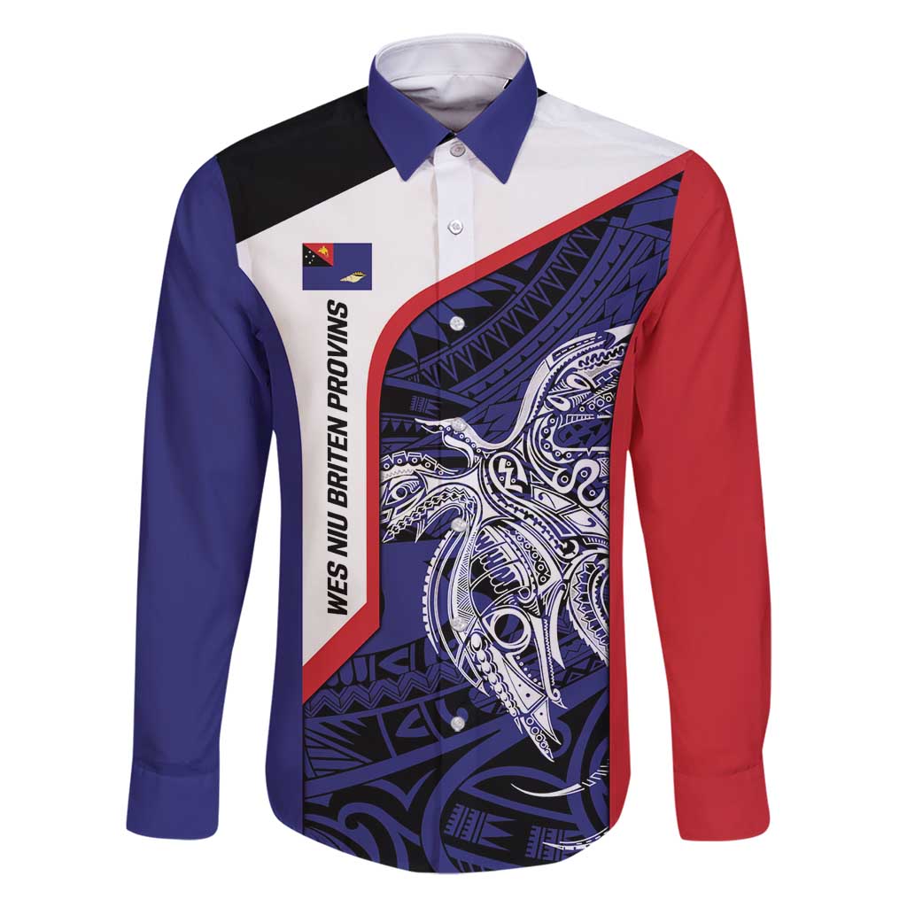 Personalised PNG West New Britain Province Family Matching Off Shoulder Short Dress and Hawaiian Shirt Bird of Paradise Tattoo Flag Motif LT9 Dad's Shirt - Long Sleeve Blue - Polynesian Pride