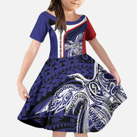 Personalised PNG West New Britain Province Family Matching Puletasi and Hawaiian Shirt Bird of Paradise Tattoo Flag Motif LT9 Daughter's Dress Blue - Polynesian Pride