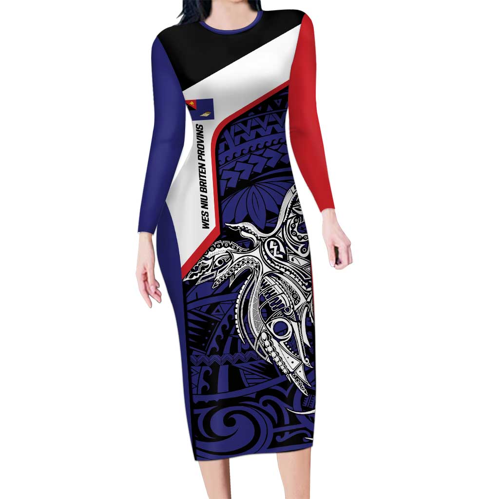 Personalised PNG West New Britain Province Long Sleeve Bodycon Dress Bird of Paradise Tattoo Flag Motif - Polynesian Pride