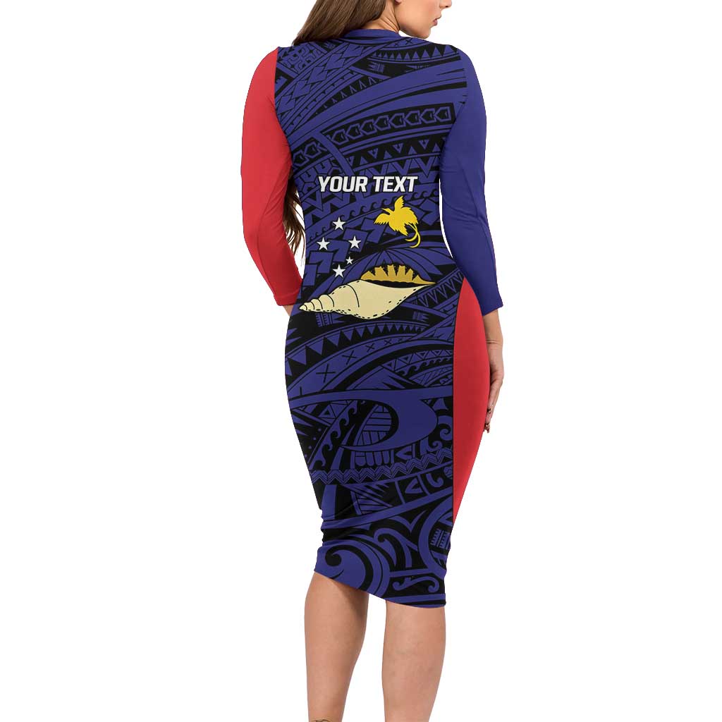 Personalised PNG West New Britain Province Long Sleeve Bodycon Dress Bird of Paradise Tattoo Flag Motif LT9 - Polynesian Pride
