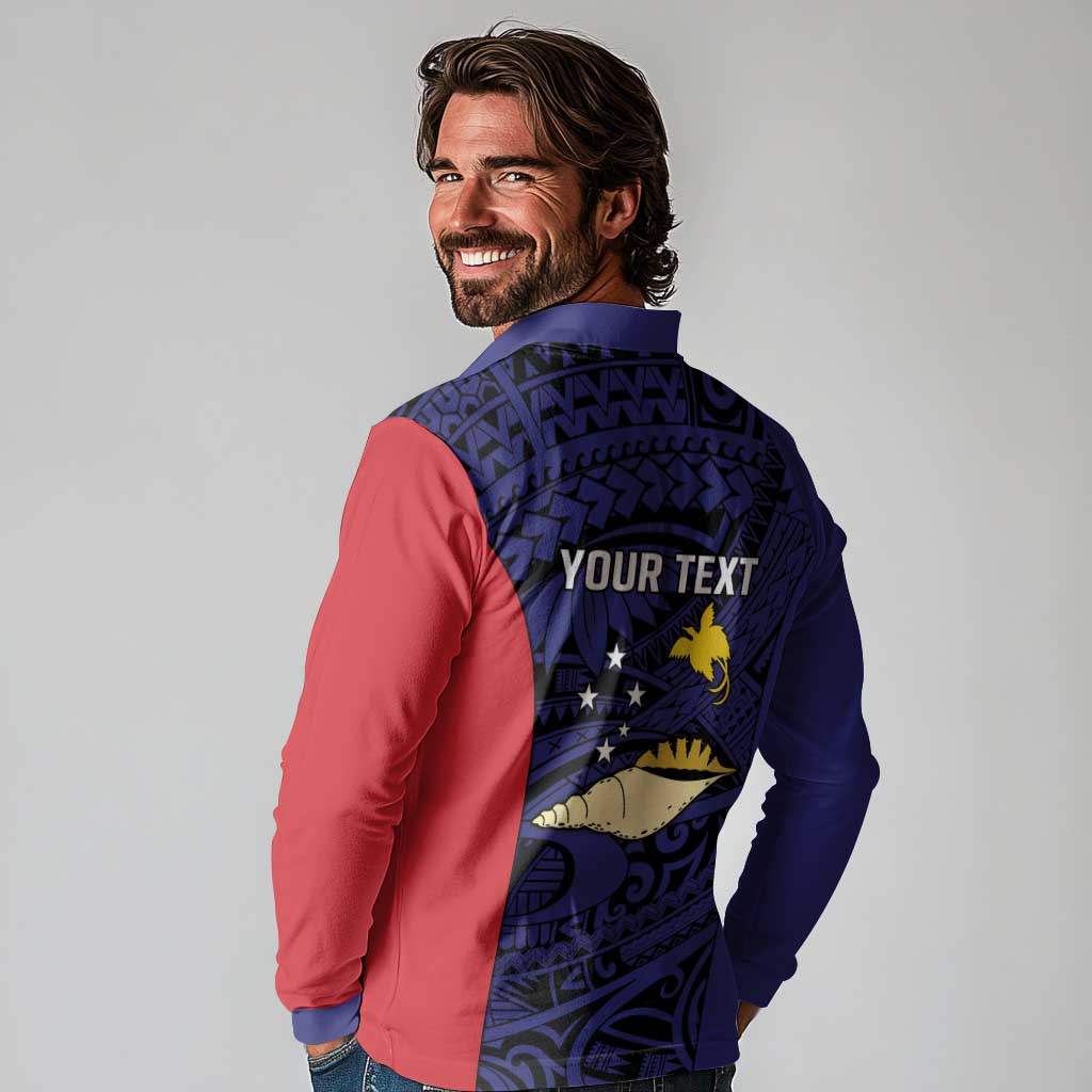 Personalised PNG West New Britain Province Long Sleeve Polo Shirt Bird of Paradise Tattoo Flag Motif LT9 - Polynesian Pride