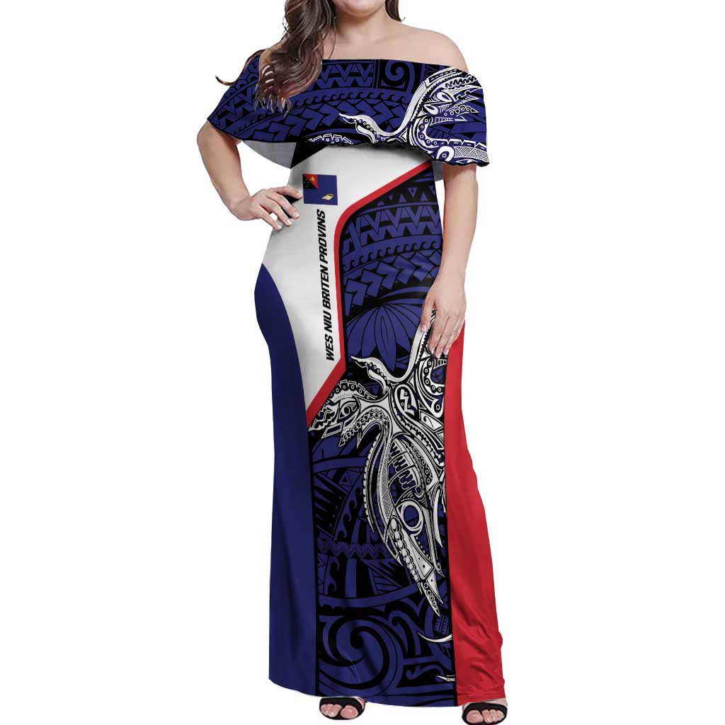 Personalised PNG West New Britain Province Off Shoulder Maxi Dress Bird of Paradise Tattoo Flag Motif LT9 Women Blue - Polynesian Pride