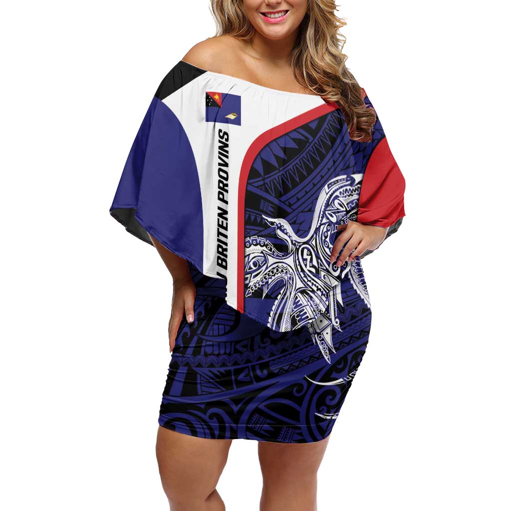 Personalised PNG West New Britain Province Off Shoulder Short Dress Bird of Paradise Tattoo Flag Motif LT9 Women Blue - Polynesian Pride
