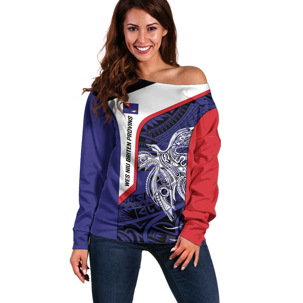 Personalised PNG West New Britain Province Off Shoulder Sweater Bird of Paradise Tattoo Flag Motif LT9 Women Blue - Polynesian Pride