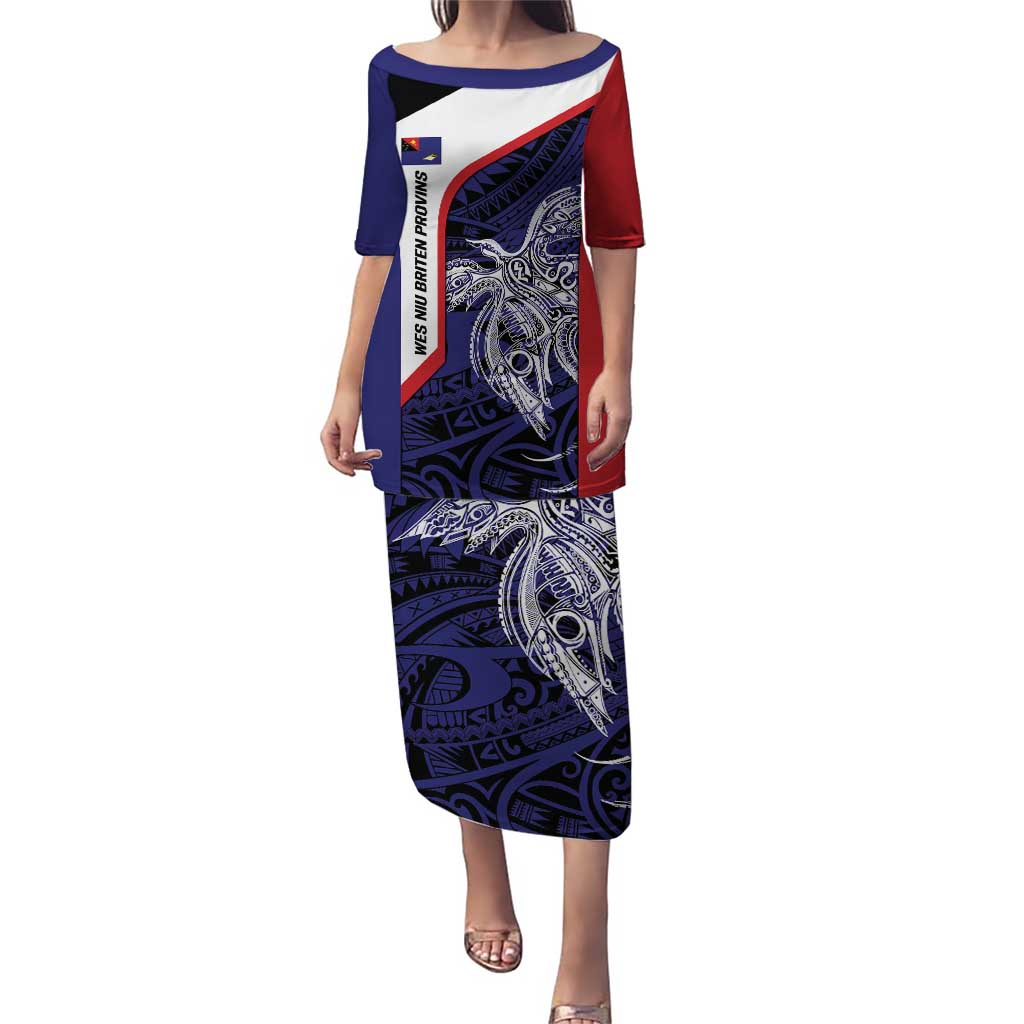 Personalised PNG West New Britain Province Puletasi Bird of Paradise Tattoo Flag Motif LT9 Long Dress Blue - Polynesian Pride